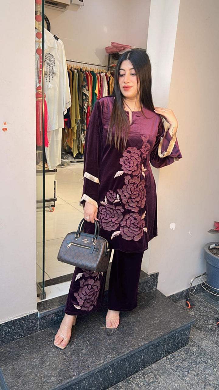 WINE FLOWER EMBROIDERD VELVET CO-ORD