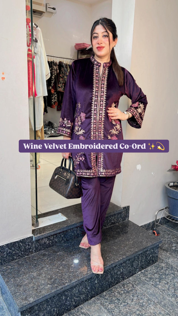 WINE VELVET EMBROIDERED CO-ORD SET