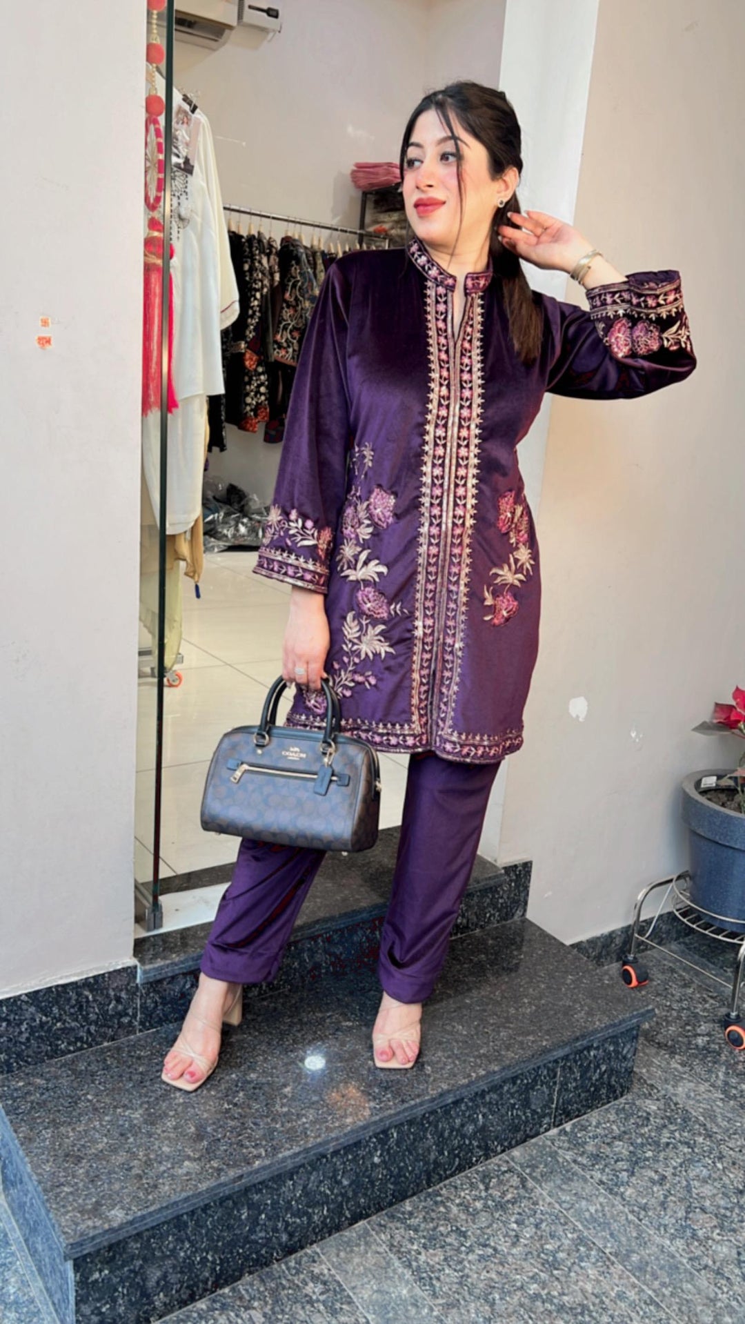 WINE VELVET EMBROIDERED CO-ORD SET