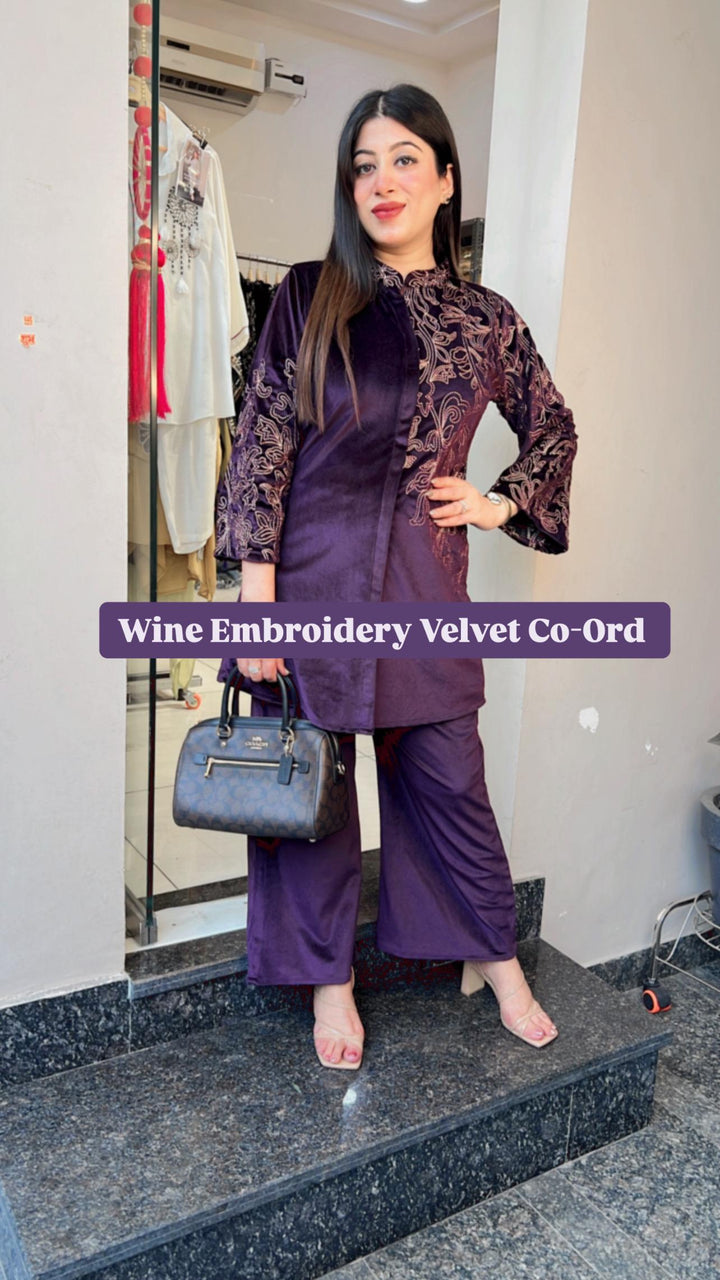 WINE EMBROIDERY VEVLVET CO-ORD