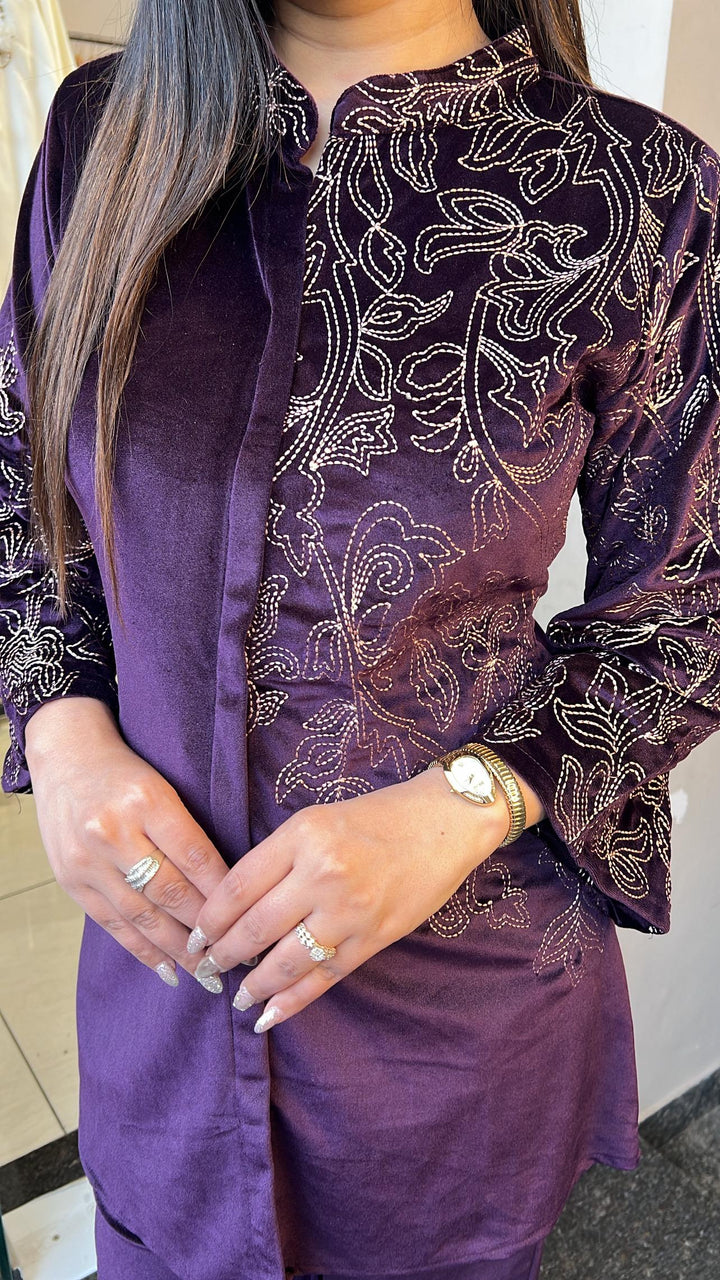 WINE EMBROIDERY VEVLVET CO-ORD