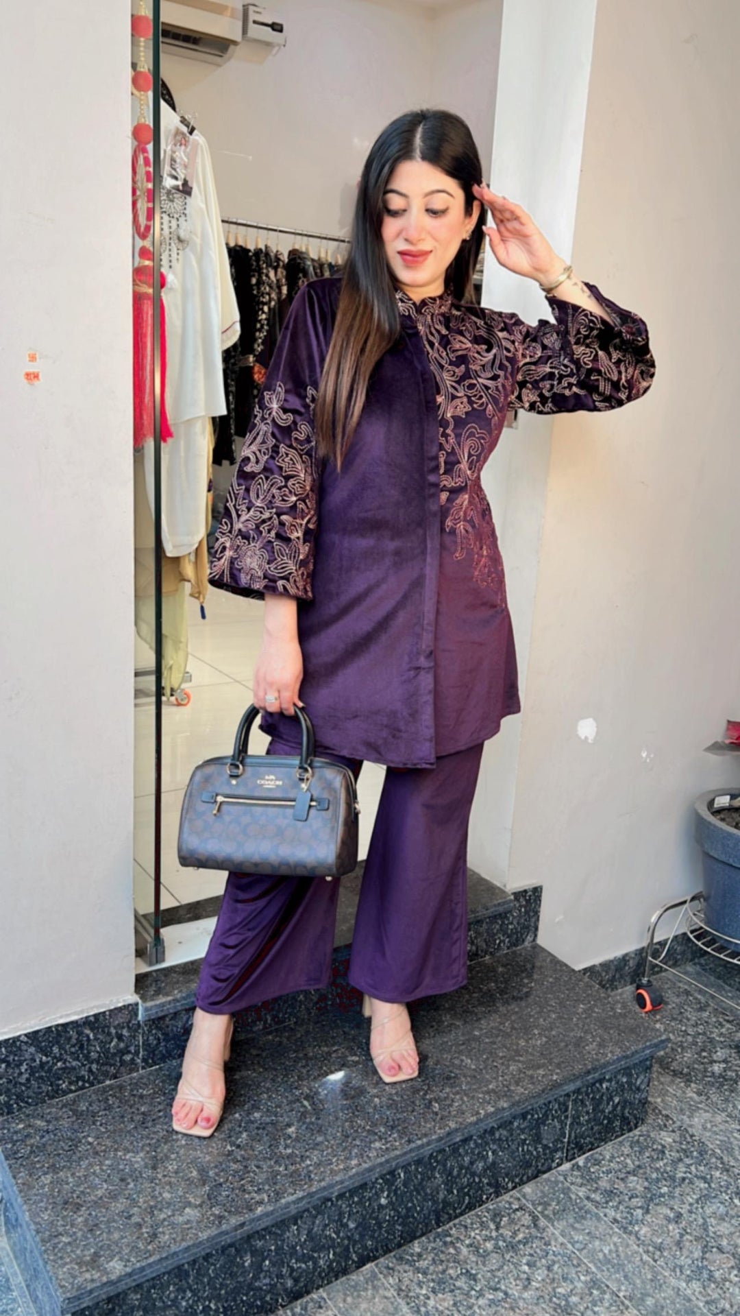 WINE EMBROIDERY VEVLVET CO-ORD