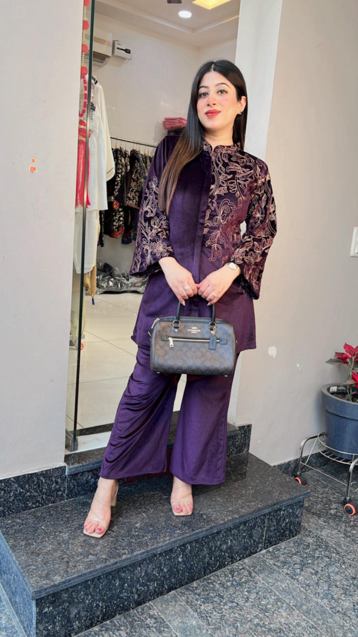 WINE EMBROIDERY VEVLVET CO-ORD