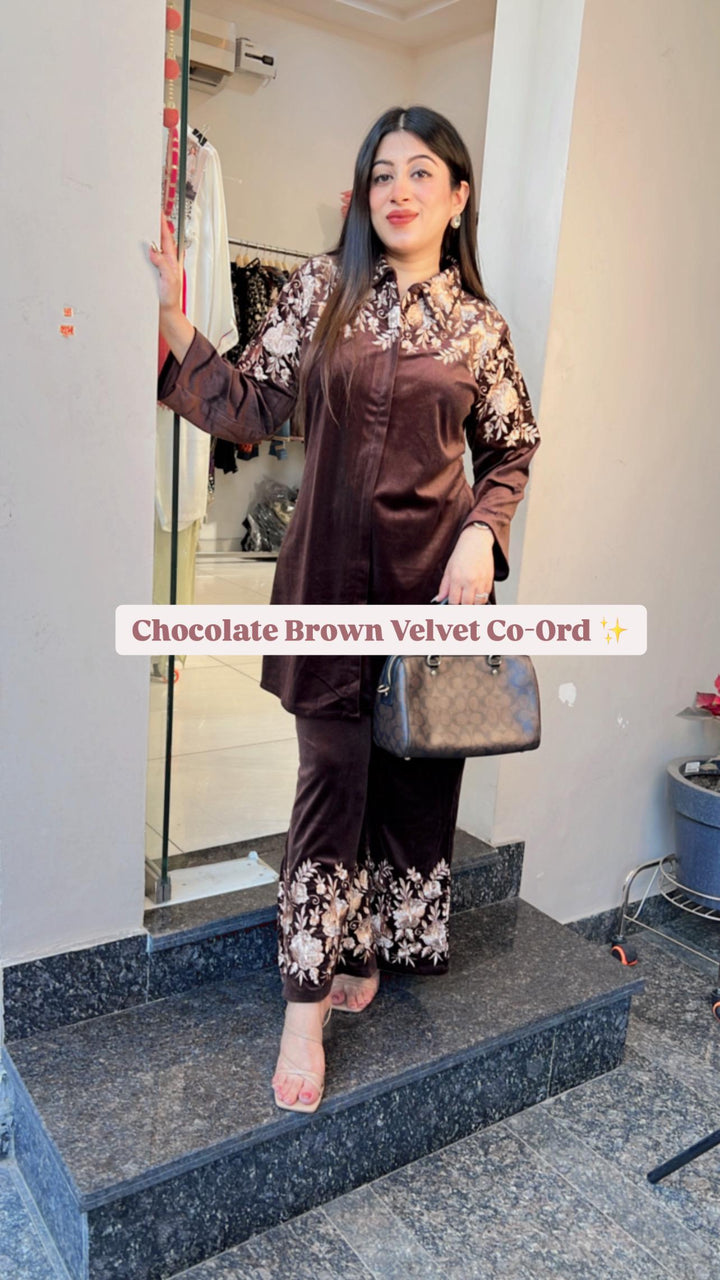 Chocolate Brown Heavy Strechable Velvet Collar neck Bell Bottom Coord set