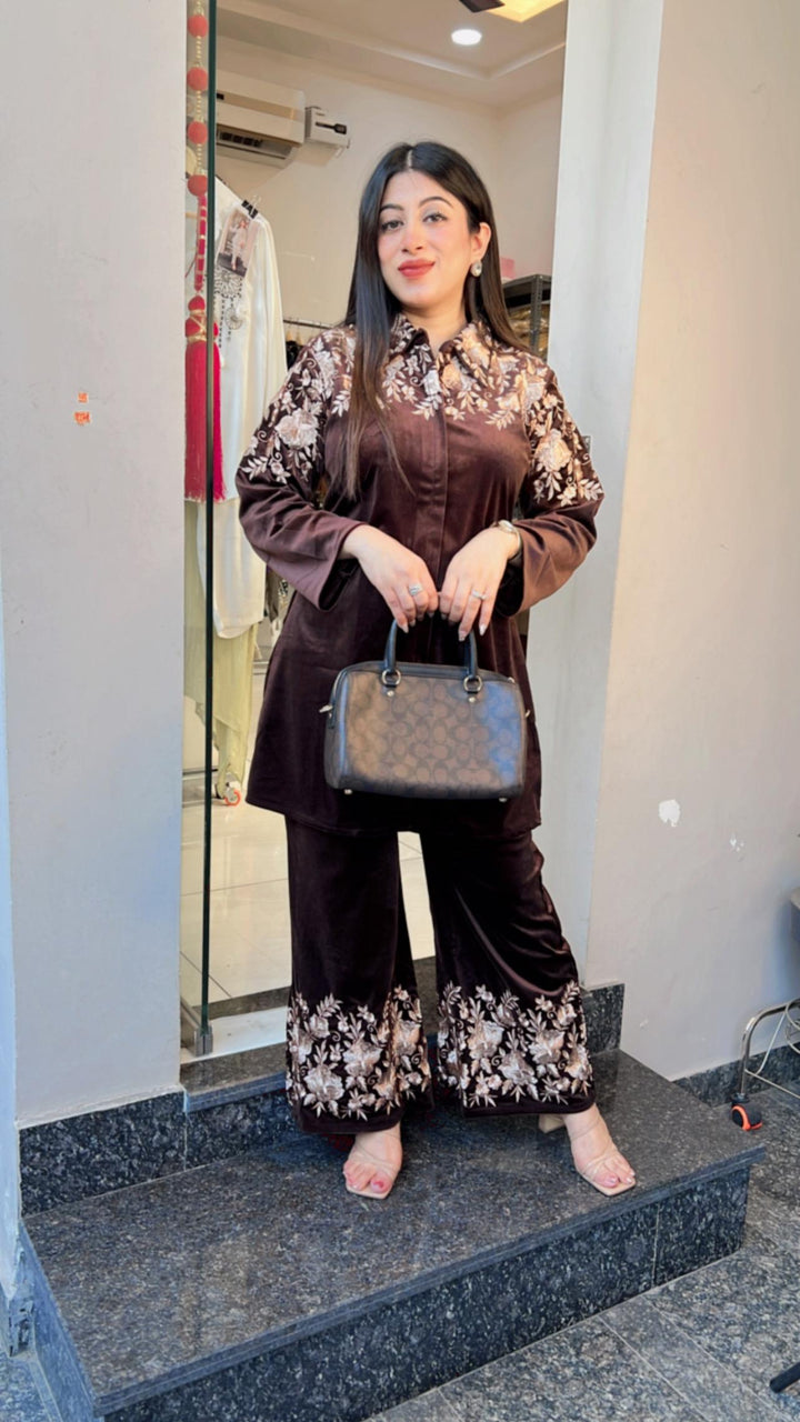 Chocolate Brown Heavy Strechable Velvet Collar neck Bell Bottom Coord set