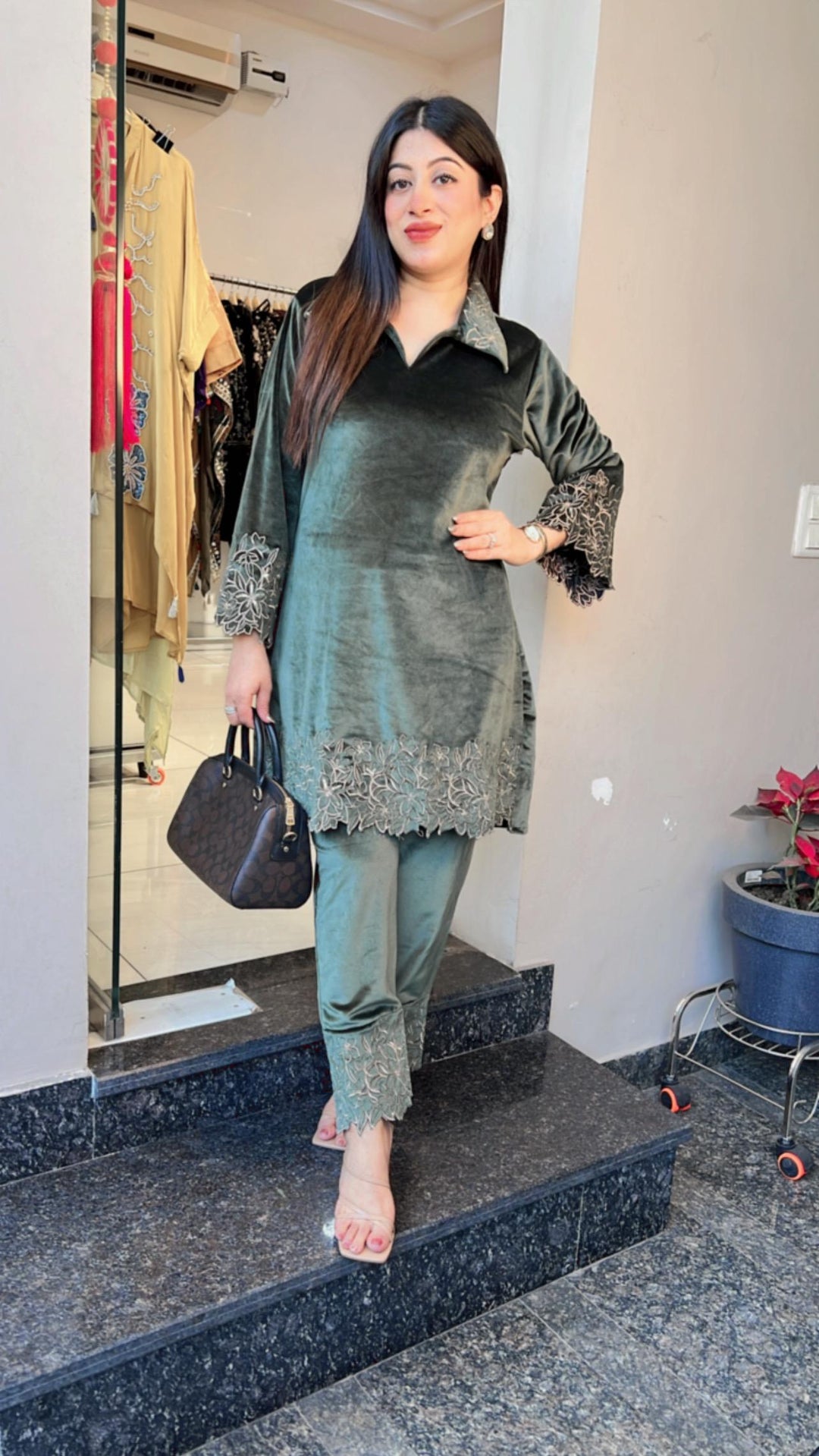 OLIVE VELVET CUTWORK EMBROIDERY CO-ORD