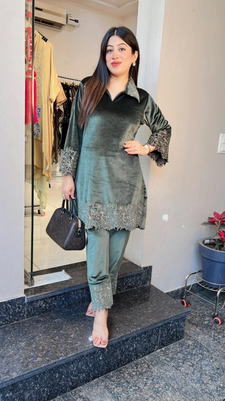 OLIVE VELVET CUTWORK EMBROIDERY CO-ORD