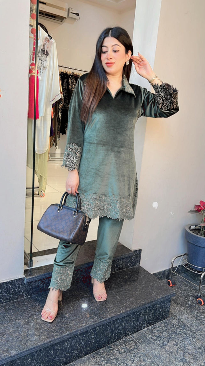 OLIVE VELVET CUTWORK EMBROIDERY CO-ORD