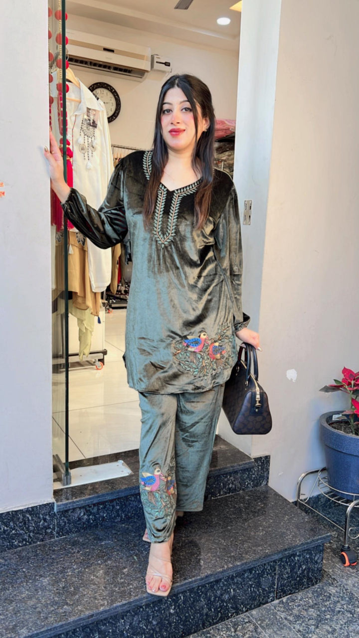 OLIVE GREEN EMBROIDERED CO-ORD