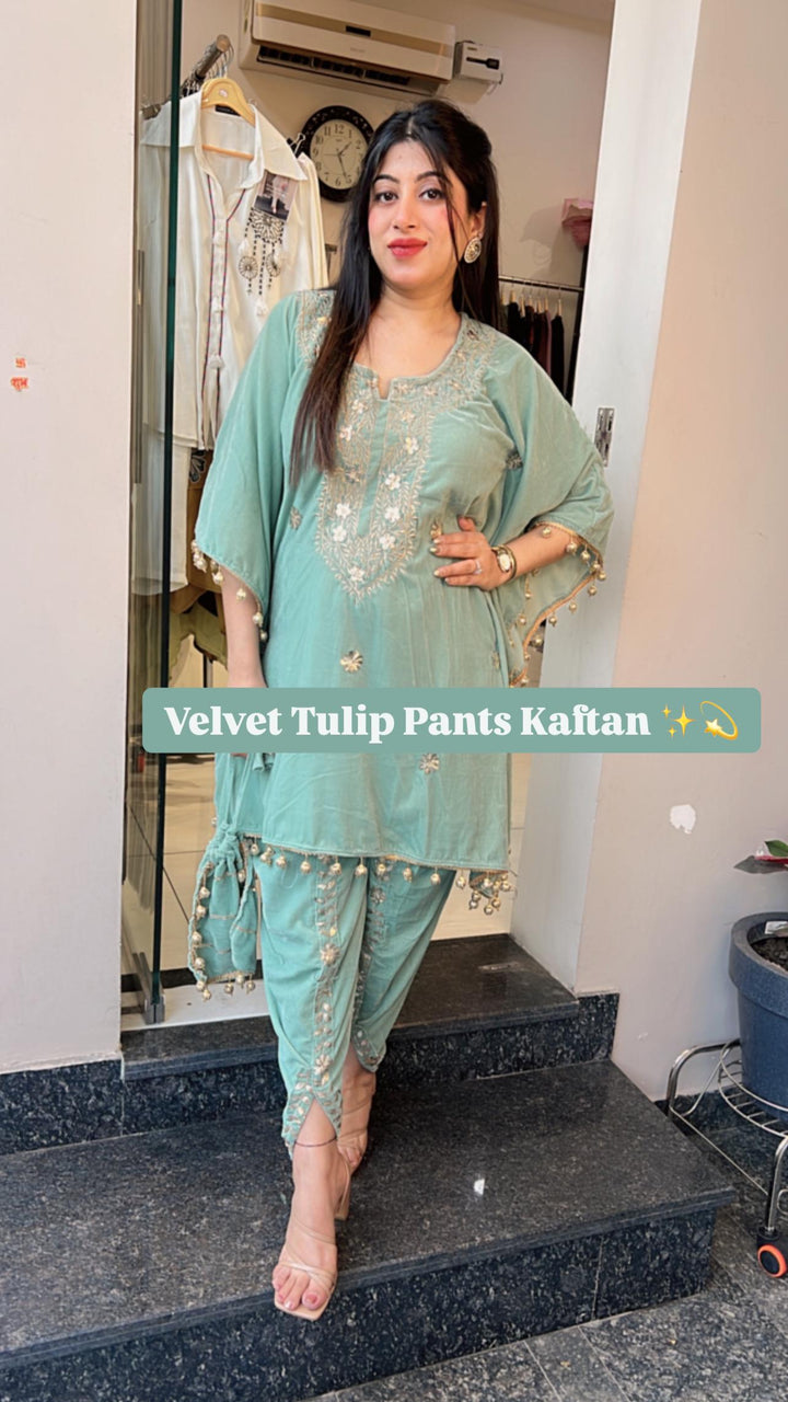 SEA GREEN TULIP PANTS KAFTAN WITH POTLI BAG