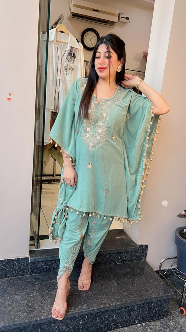 SEA GREEN TULIP PANTS KAFTAN WITH POTLI BAG