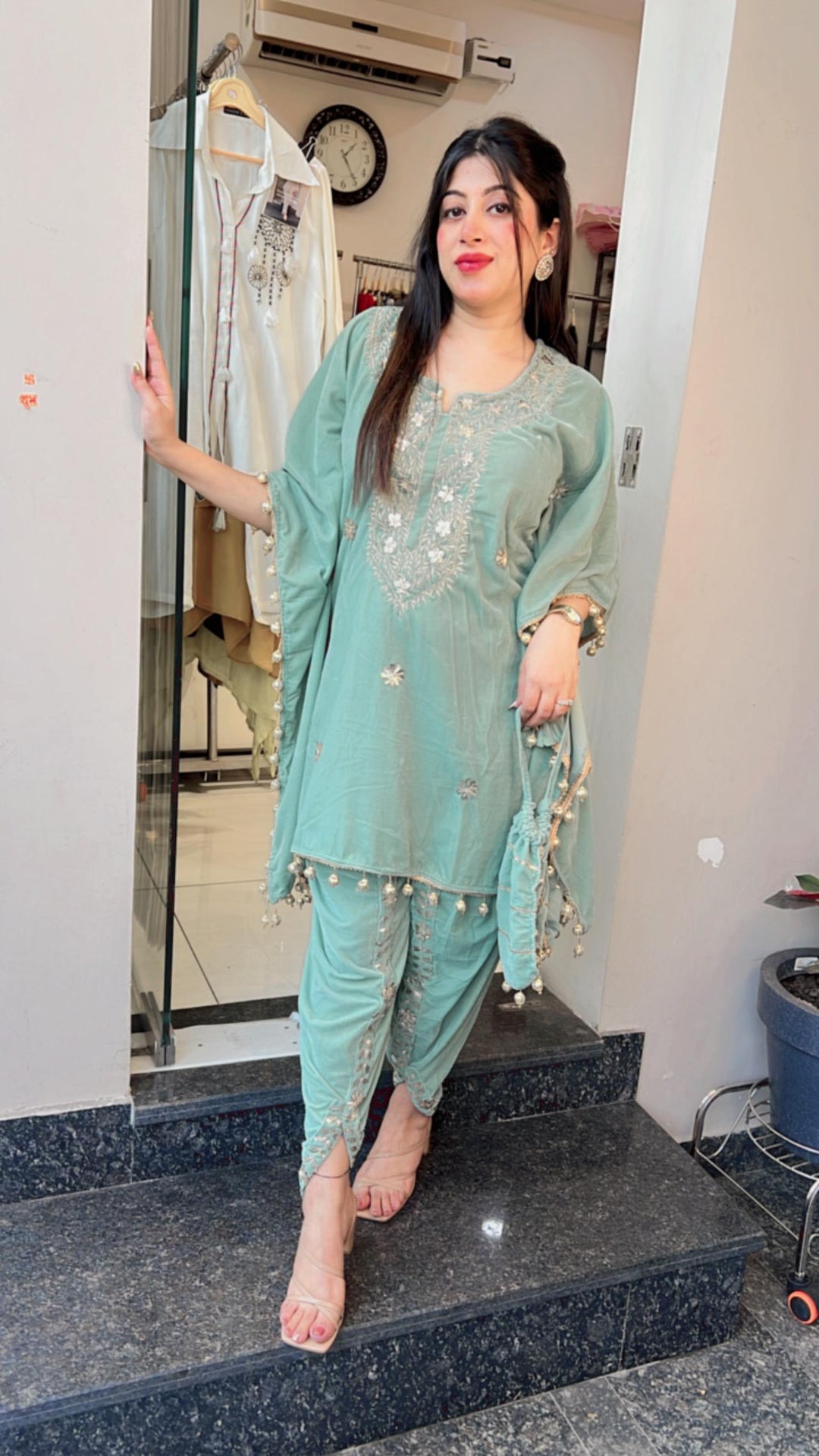 SEA GREEN TULIP PANTS KAFTAN WITH POTLI BAG