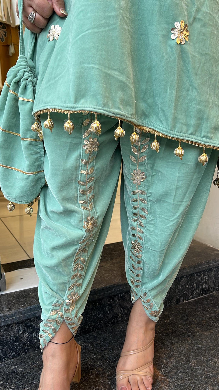 SEA GREEN TULIP PANTS KAFTAN WITH POTLI BAG