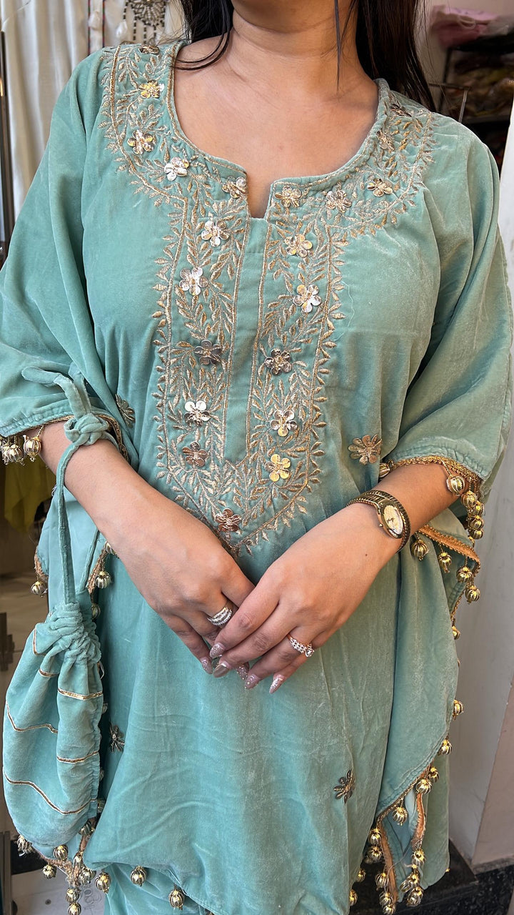 SEA GREEN TULIP PANTS KAFTAN WITH POTLI BAG