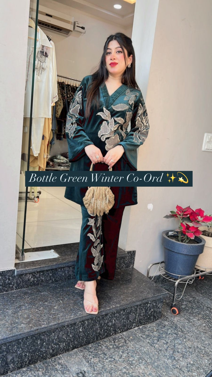 BOTTLE GREEN WINTER EMBROIDERED CO-ORD