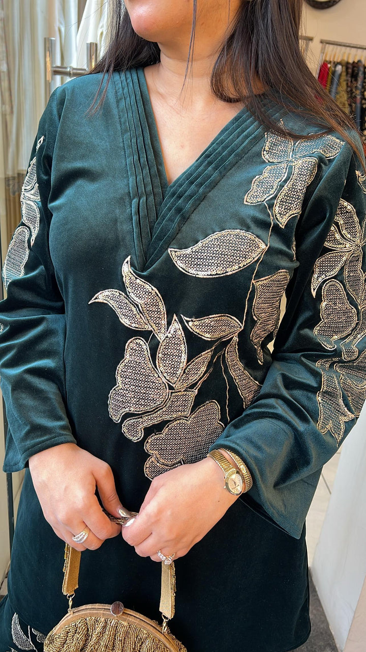 BOTTLE GREEN WINTER EMBROIDERED CO-ORD