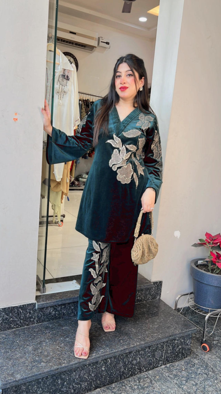BOTTLE GREEN WINTER EMBROIDERED CO-ORD
