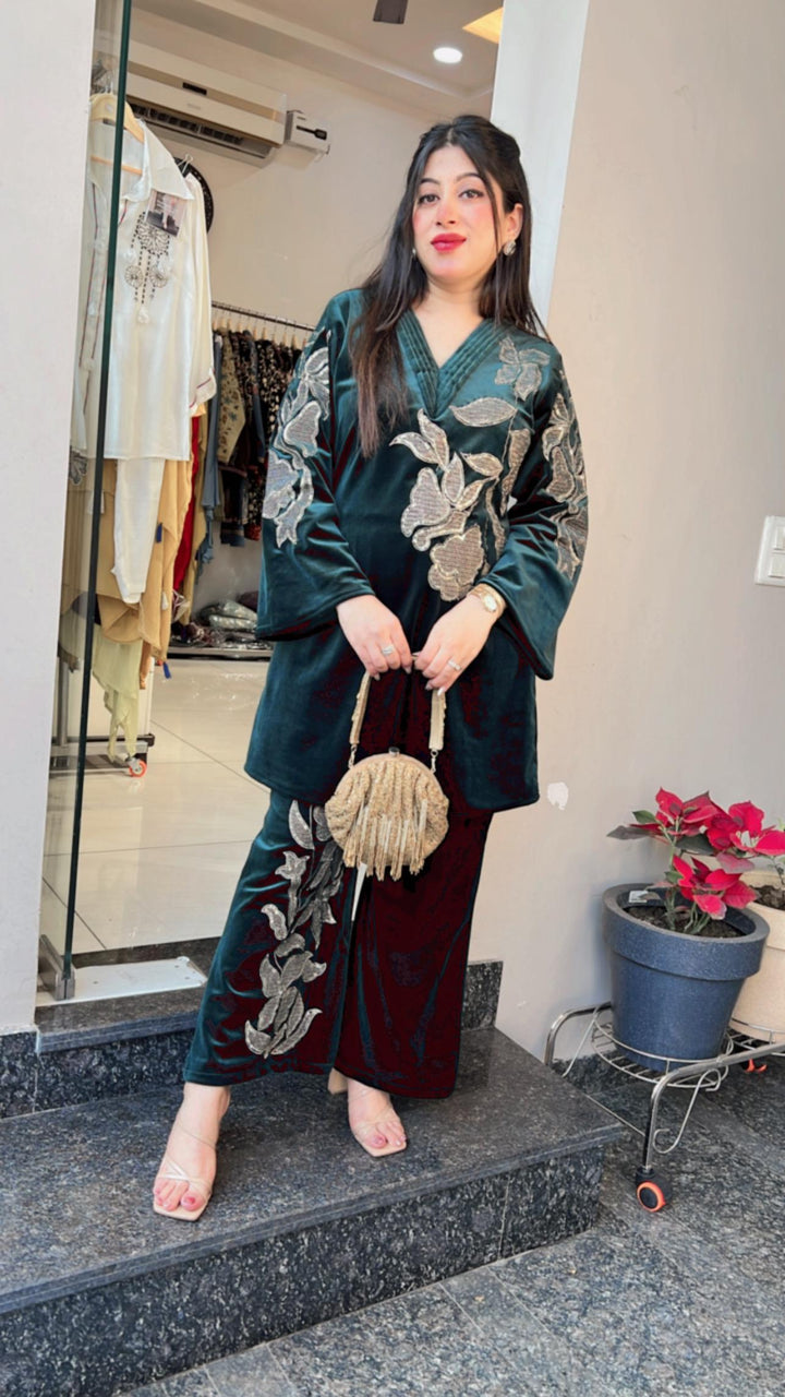 BOTTLE GREEN WINTER EMBROIDERED CO-ORD