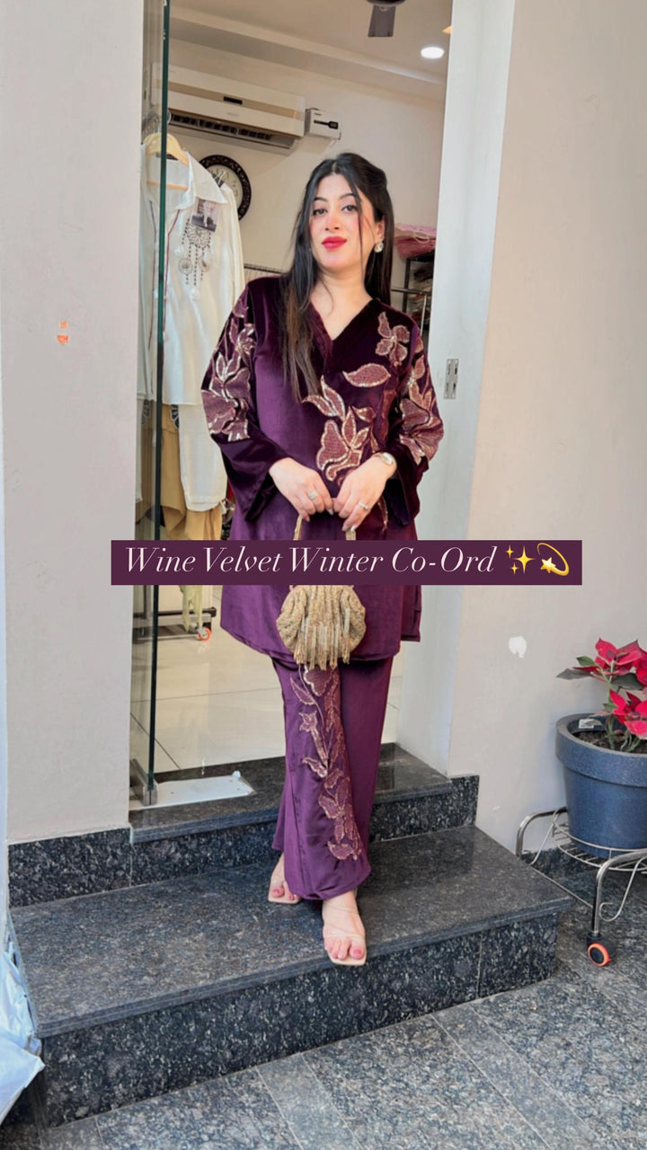 WINE WINTER EMBROIDERED CO-ORD SET