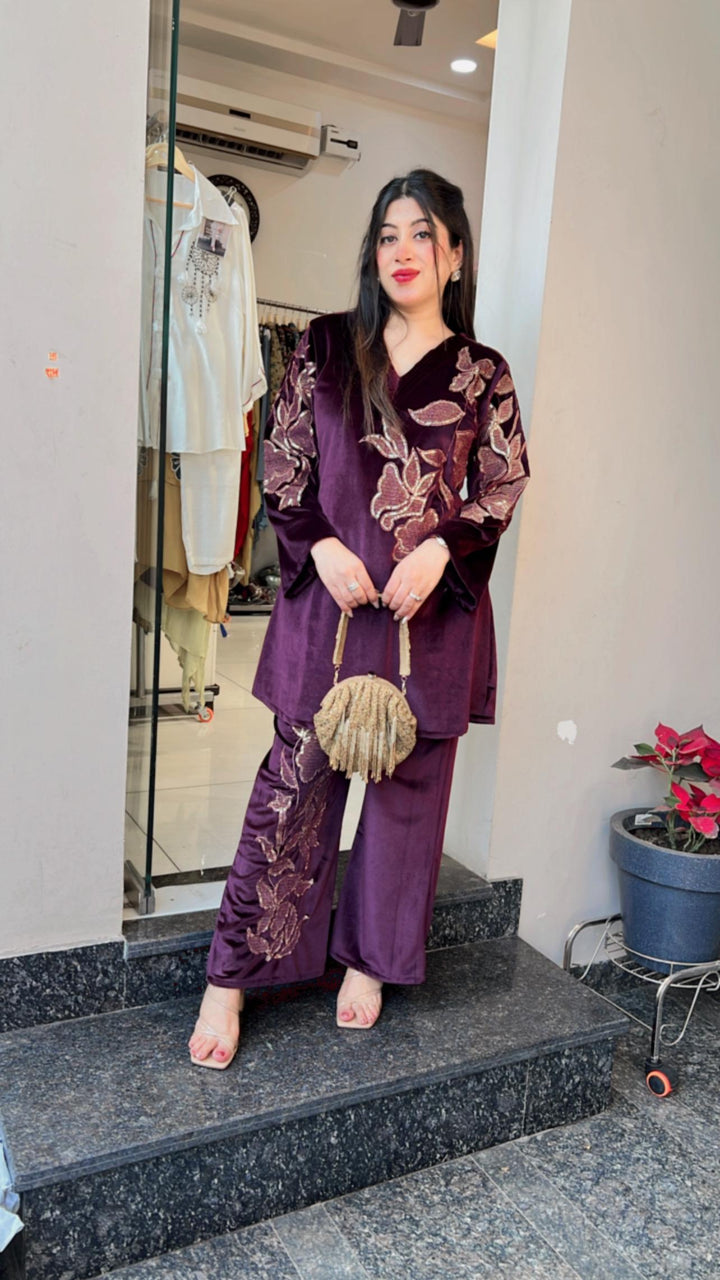 WINE WINTER EMBROIDERED CO-ORD SET