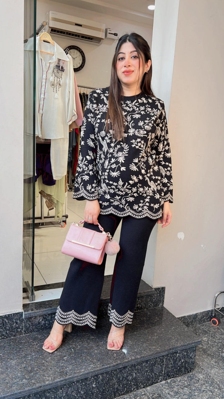 FLORAL BLACK KNITTED WINTER CO-ORD