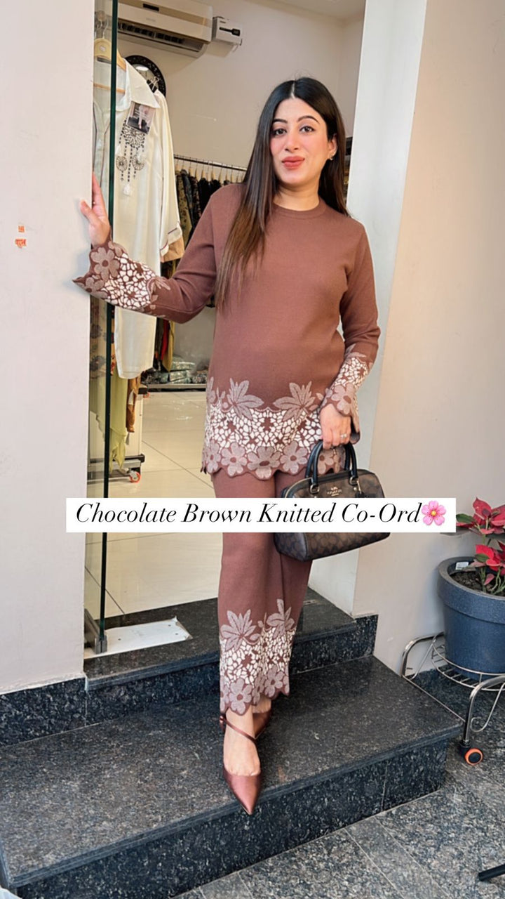 CHOCOLATE BROWN FLORAL WINTER KNITTED CO-ORD
