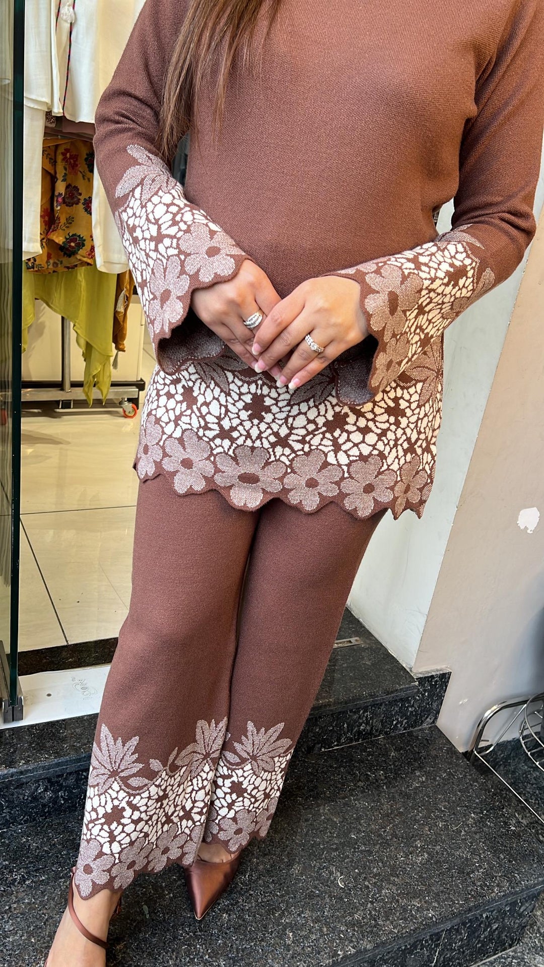 CHOCOLATE BROWN FLORAL WINTER KNITTED CO-ORD