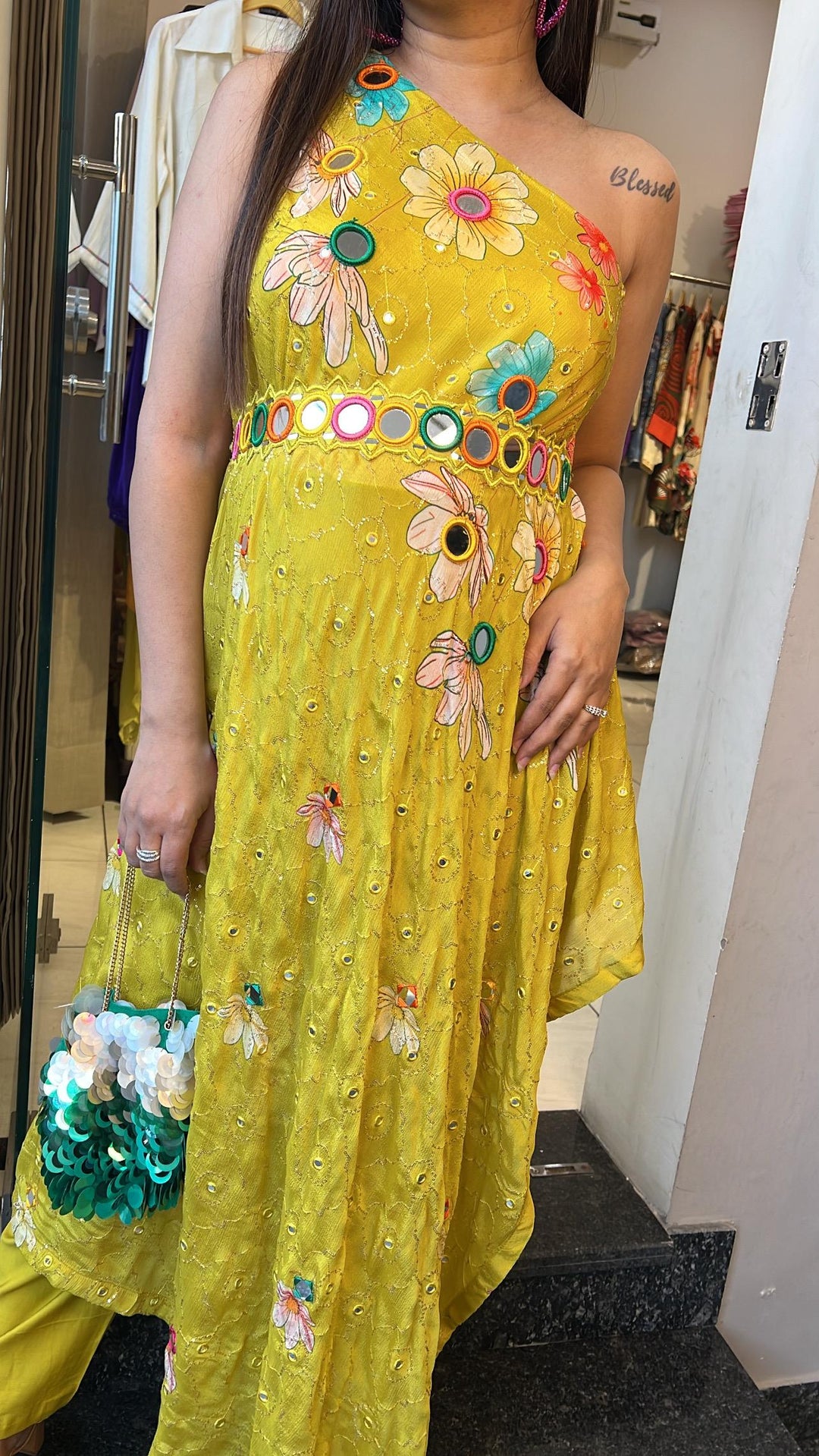 YELLOW MUSTARD INDO WESTERN SET WITH BELT