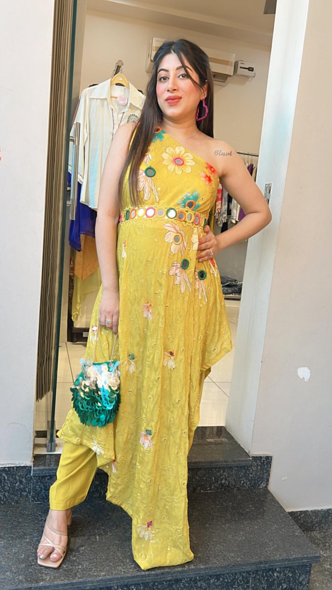 YELLOW MUSTARD INDO WESTERN SET WITH BELT