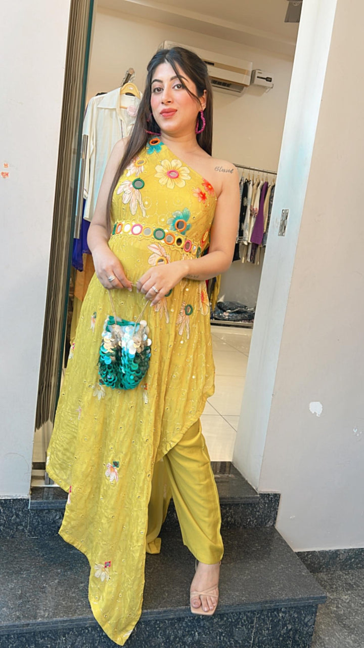 YELLOW MUSTARD INDO WESTERN SET WITH BELT