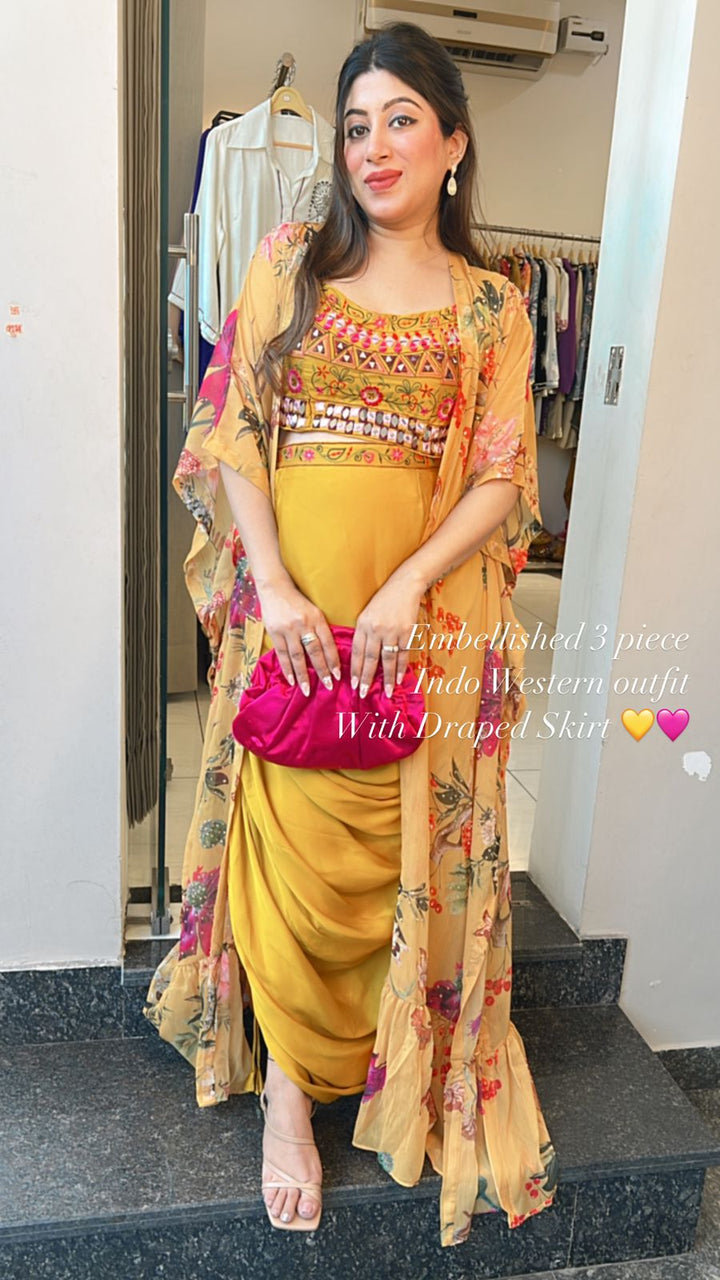 EMBELLISHED 3 PIECE INDO-WESTERN OUTFIT WITH DRAPE SKIRT