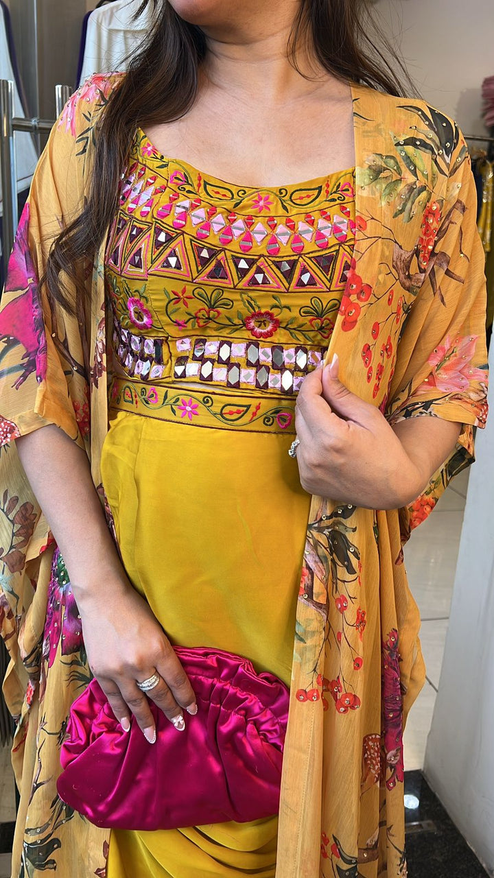 EMBELLISHED 3 PIECE INDO-WESTERN OUTFIT WITH DRAPE SKIRT