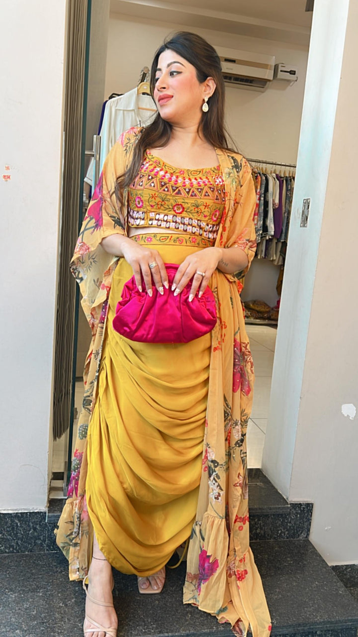 EMBELLISHED 3 PIECE INDO-WESTERN OUTFIT WITH DRAPE SKIRT