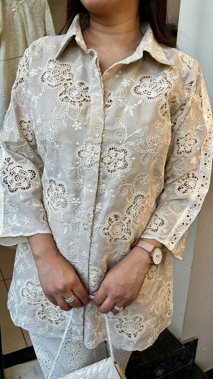BEIGE CUTWORK EMBROIDERED CO-ORD WITH SCHIFFLI PANTS