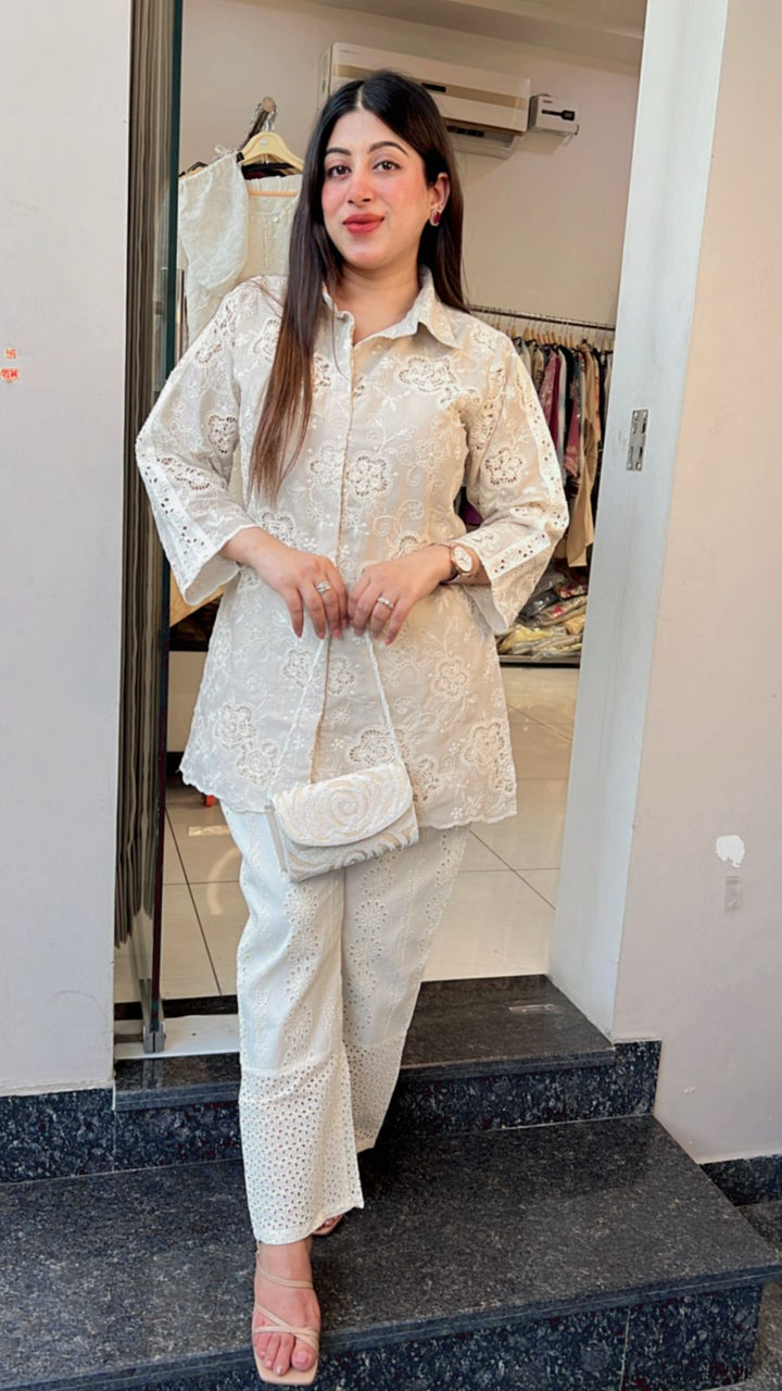 BEIGE CUTWORK EMBROIDERED CO-ORD WITH SCHIFFLI PANTS