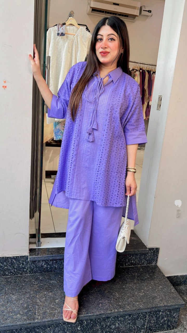 PURPLE SCHIFFLI COTTON CO-ORD WITH LINING