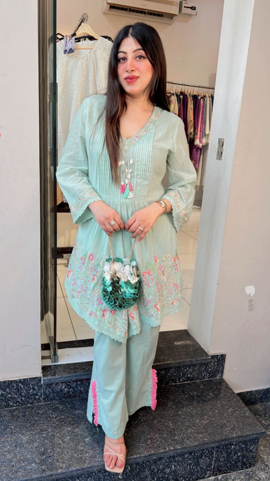 PASTEN GREEN MUL COTTON EMBROIDERED CO-ORD