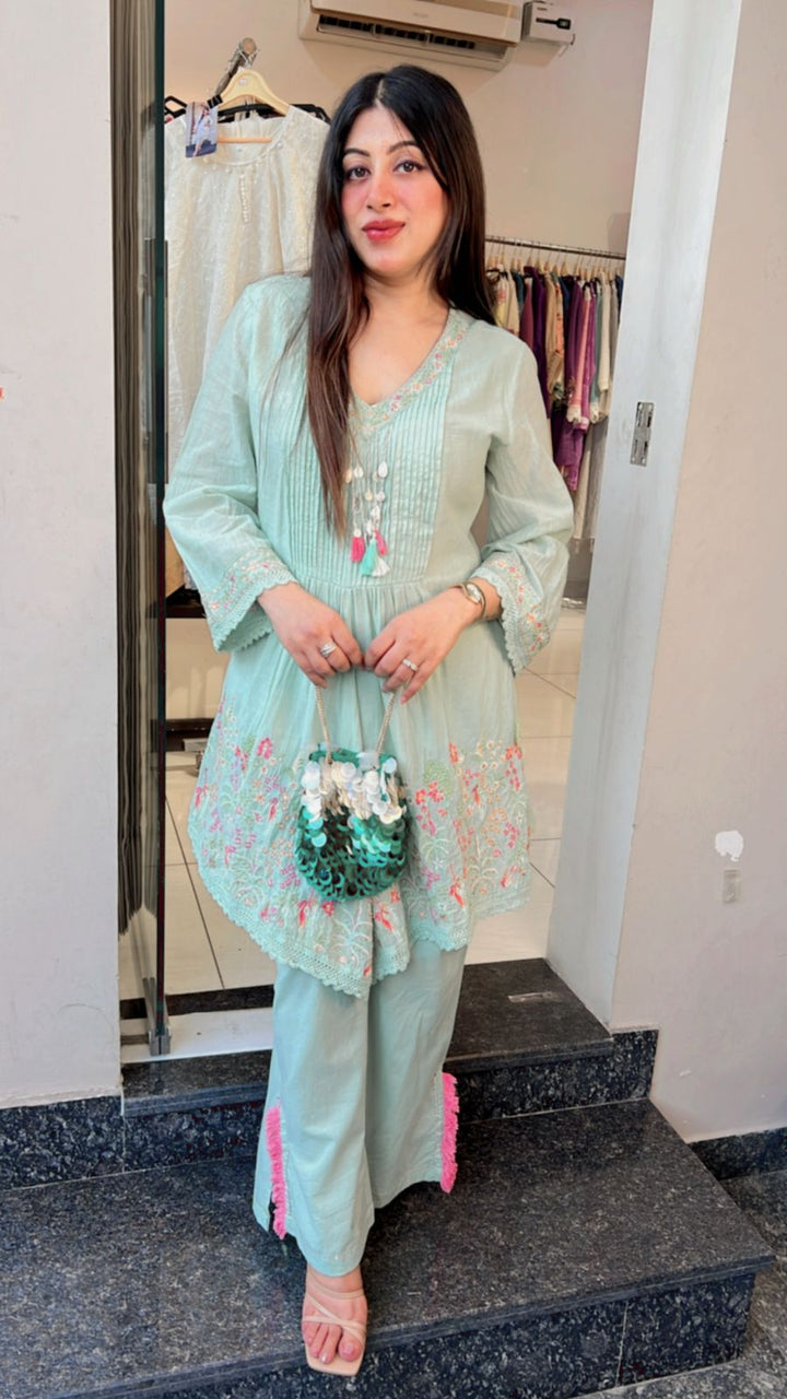 PASTEN GREEN MUL COTTON EMBROIDERED CO-ORD