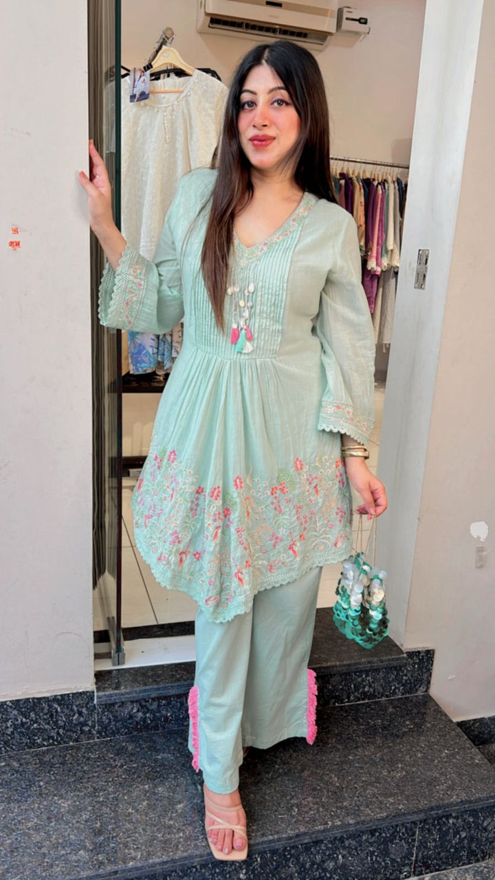 PASTEN GREEN MUL COTTON EMBROIDERED CO-ORD