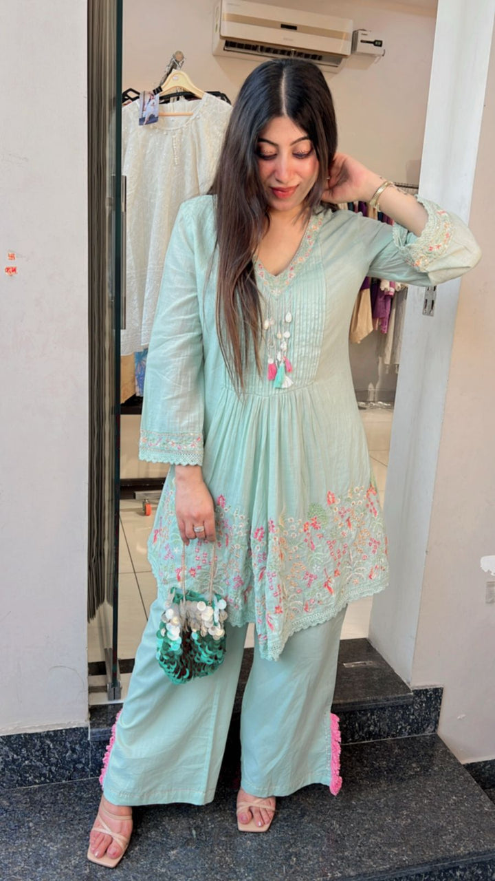 PASTEN GREEN MUL COTTON EMBROIDERED CO-ORD