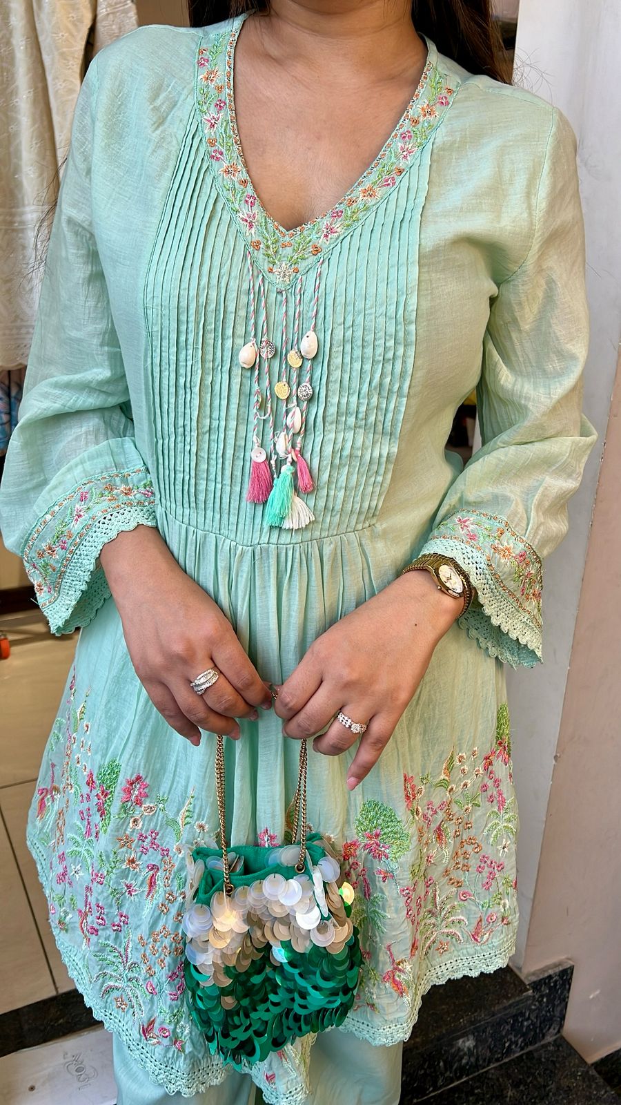 PASTEN GREEN MUL COTTON EMBROIDERED CO-ORD
