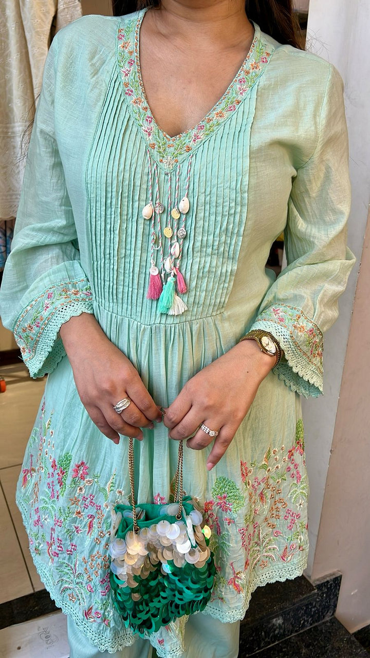PASTEN GREEN MUL COTTON EMBROIDERED CO-ORD