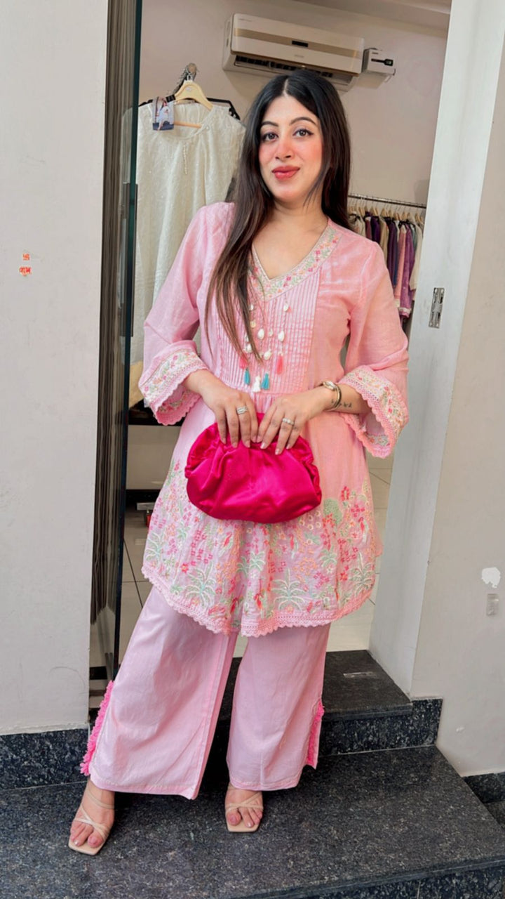 PASTEN PINK MUL COTTON EMBROIDERED CO-ORD