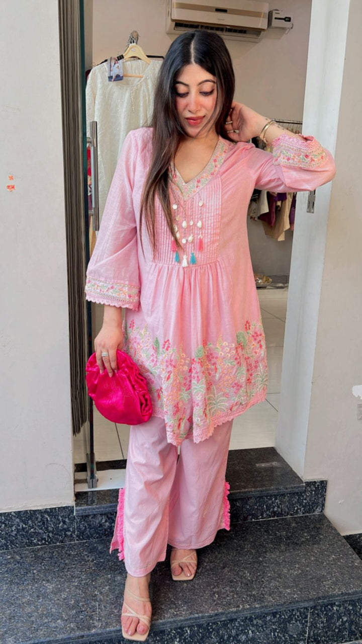 PASTEN PINK MUL COTTON EMBROIDERED CO-ORD