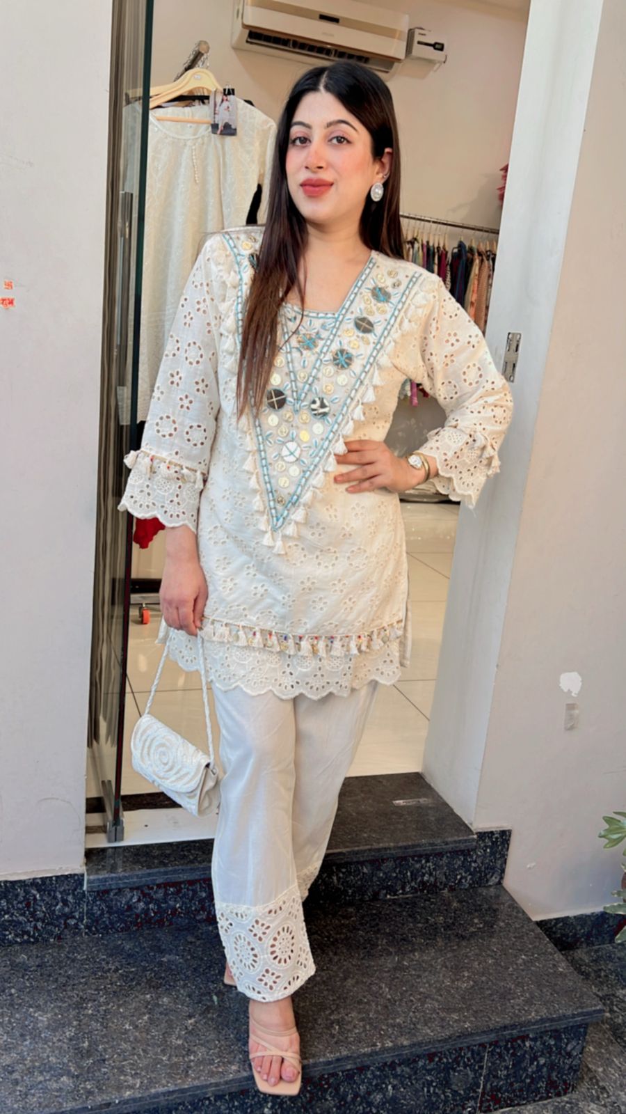 BLUE PURE COTTON SCHIFFLI CO-ORD