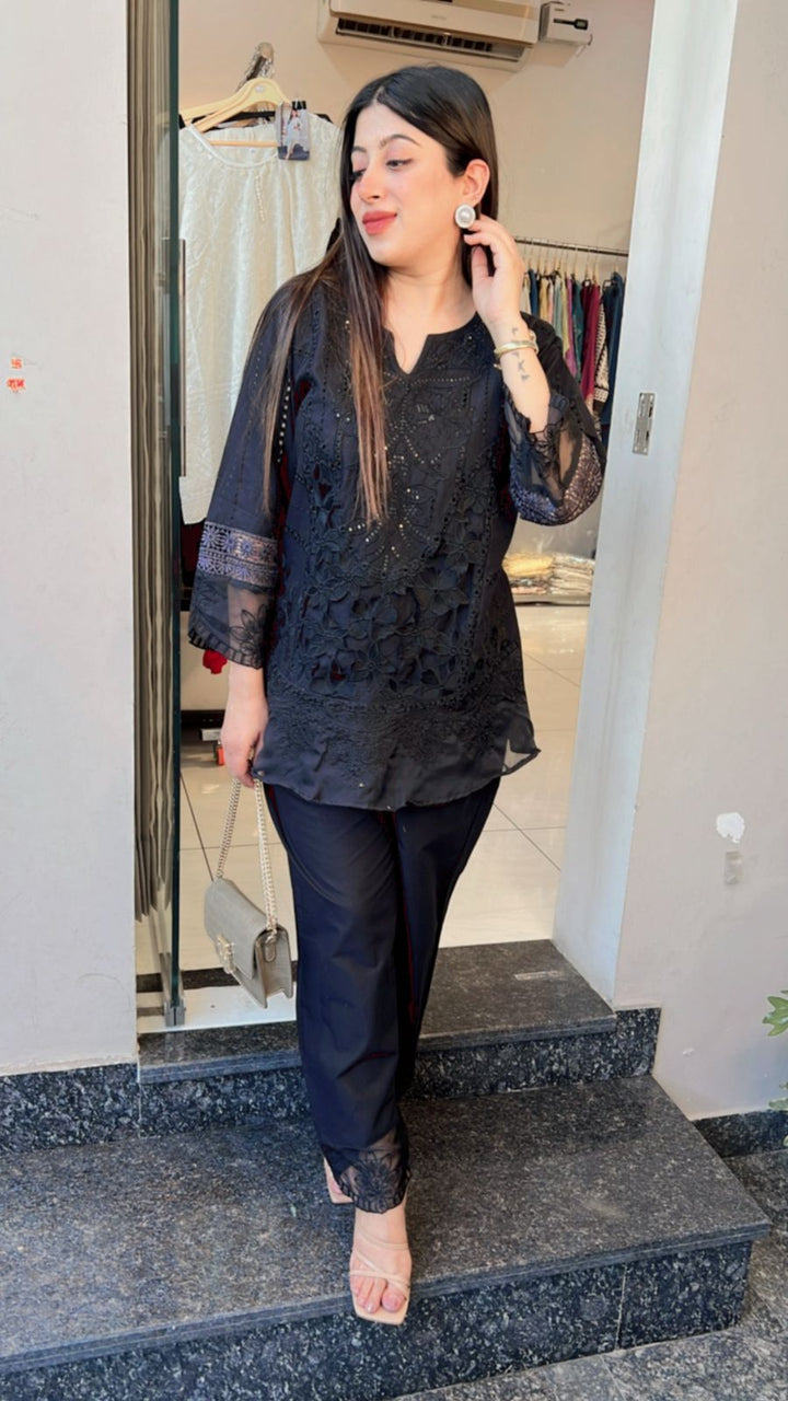 BLACK CROCHET COTTON CO-ORD WITH SEQUIN WORK