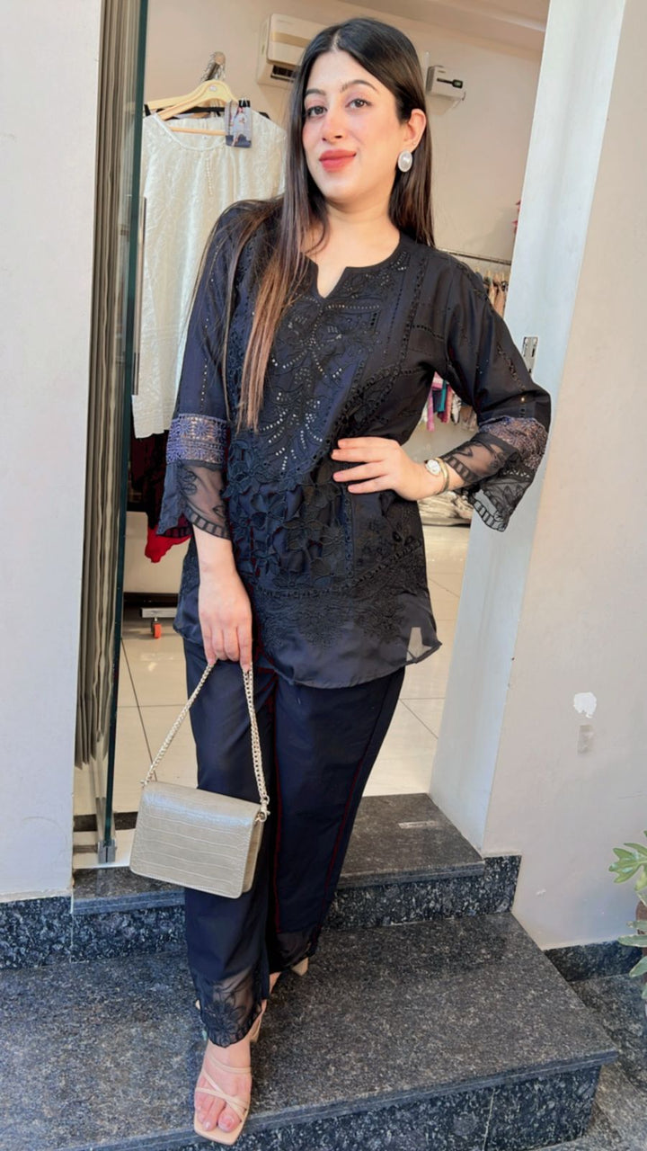 BLACK CROCHET COTTON CO-ORD WITH SEQUIN WORK