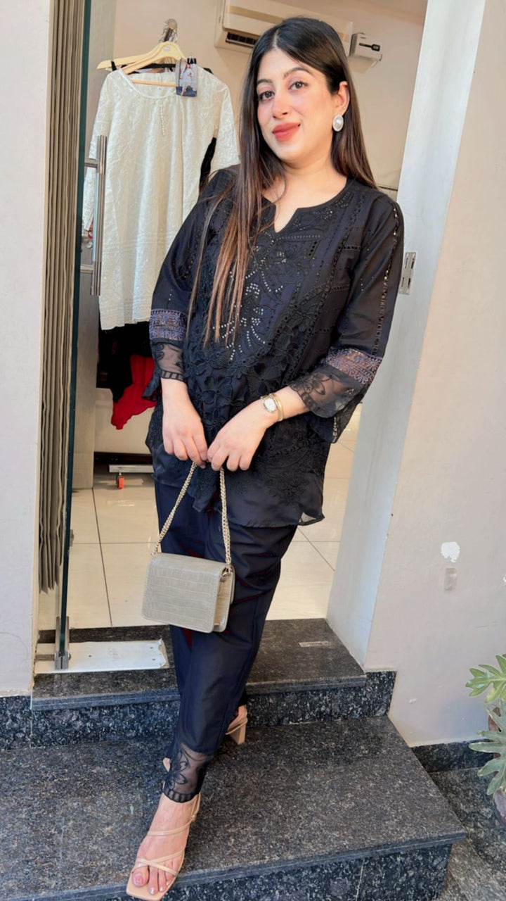 BLACK CROCHET COTTON CO-ORD WITH SEQUIN WORK