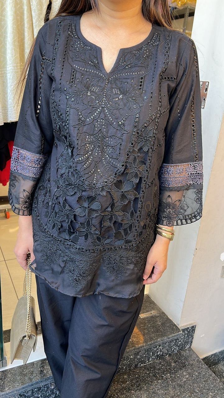 BLACK CROCHET COTTON CO-ORD WITH SEQUIN WORK