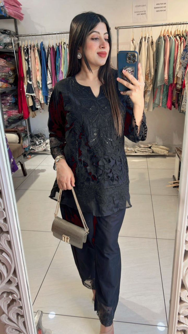 BLACK CROCHET COTTON CO-ORD WITH SEQUIN WORK